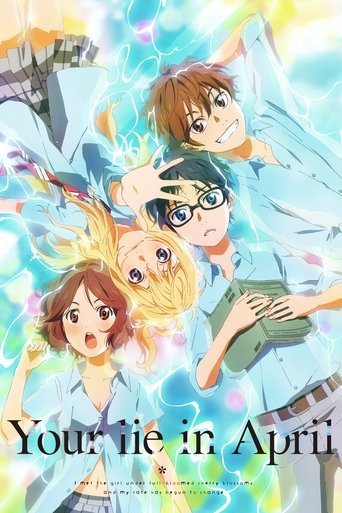 The poster features four anime-style characters in a dreamy, magical atmosphere with vibrant blue and pink hues. The characters appear to be floating or flying, creating a sense of wonder and fantasy. The title "Your Lie in April" is prominently displayed in bold, elegant lettering at the bottom.