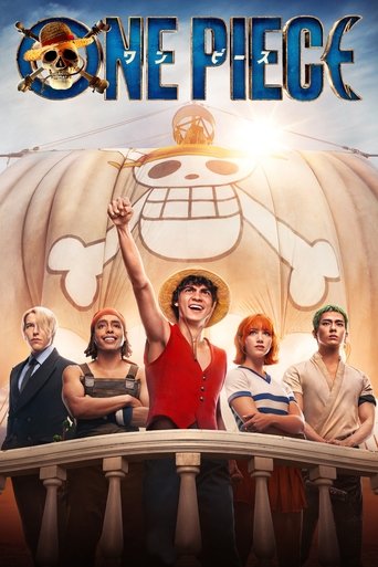 The poster features a vibrant scene with five characters standing on a balcony, exuding excitement and camaraderie. The warm golden hues of the background contrast with the cool tones of the characters' attire, creating a dynamic visual. The title "ONE PIECE" is prominently displayed at the top, ...