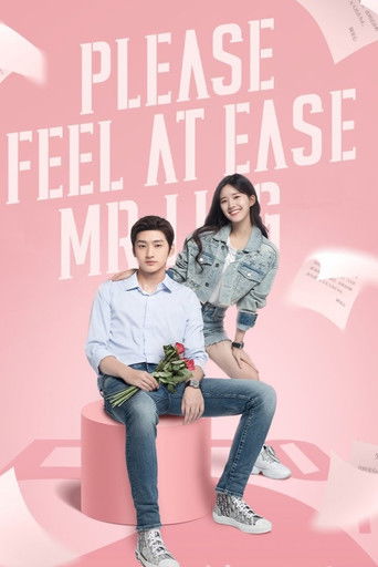 The poster features a couple sitting on a pink block, with the couple's names displayed in bold white text against a pink background. The overall mood is cheerful and romantic, with soft lighting and a sense of warmth.