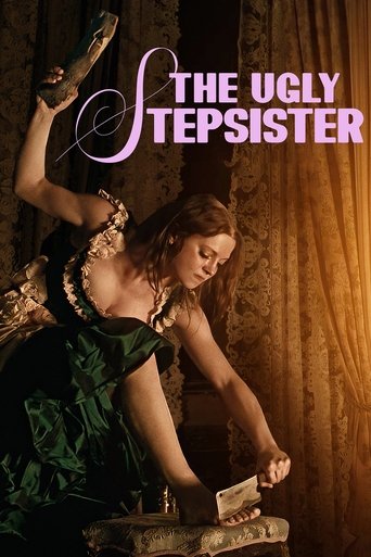 The poster features a woman in a dark green dress with gold trim, her legs crossed and one foot raised in a dramatic pose. She leans forward, holding a small object, against a warm, golden curtain backdrop. The title "The Ugly Stepsister" is elegantly written in purple script. The mood is mysteri...