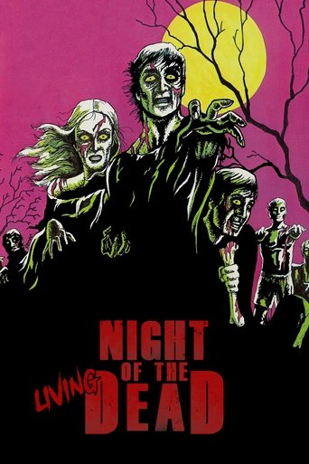 The poster features a group of zombie figures against a stark black background, with a glowing yellow moon casting eerie light. The characters are depicted in dark, unsettling poses, emphasizing their undead nature. The title "Night of the Living Dead" is prominently displayed in bold red letters...