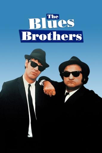 The poster features two men in black suits and hats, exuding a cool, mysterious vibe. The deep blue background contrasts with their dark clothing, creating a striking visual. The title "The Blues Brothers" is prominently displayed in bold white letters, emphasizing the film's comedic and musical ...