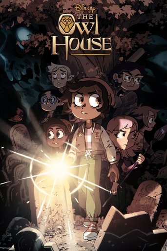 The Owl House poster features a mysterious, darkly lit scene with a central character in a brown coat and hat surrounded by shadowy figures. A bright, glowing orb emanates from the ground, casting eerie light. The overall mood is eerie and suspenseful, with deep purples and blacks dominating the ...
