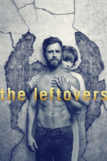 The poster features a shirtless man and a young boy standing against a cracked, gray background. The title "the leftovers" is prominently displayed in bold, golden letters. The mood is somber and mysterious, suggesting themes of loss or abandonment.