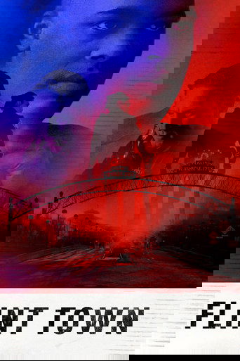 The poster features a dramatic, split-screen composition with deep red and blue tones. A central figure stands on a bridge, while smaller silhouettes appear in the background, creating a mysterious and atmospheric mood. The bold title "FLINT TOWN" anchors the image, suggesting a gritty, urban set...