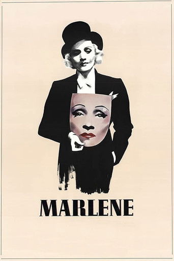 This poster features a stylized portrait of Marlene in a black suit against a beige background, with her face partially obscured by a mask-like structure. The bold typography and monochromatic color scheme evoke a noir aesthetic, capturing the essence of the film's dramatic and mysterious tone.