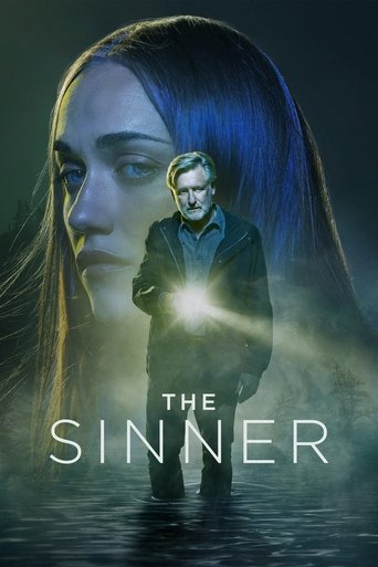 The poster features a hauntingly beautiful woman with long dark hair, her face partially obscured by shadows. In the center, a mysterious figure stands with a glowing light emanating from their chest, casting eerie light on the dark, misty background. The title "THE SINNER" is prominently display...