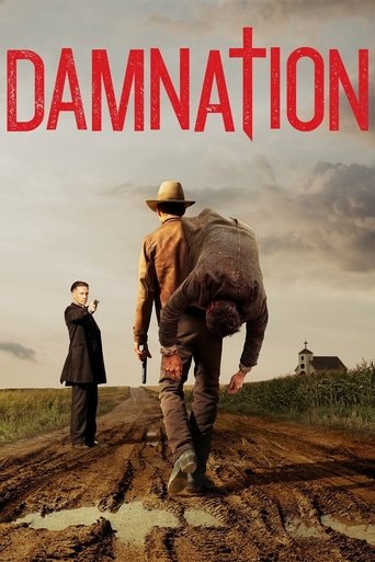 The poster depicts a gritty, dusty scene with a man in a hat and backpack walking away from the camera, while a man in a suit stands in the foreground. The muted earthy tones and overcast sky evoke a somber, tense atmosphere. The title "Damnation" in bold red letters dominates the top, suggesting...