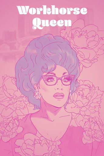 The poster features a glamorous woman with voluminous purple hair and glasses, exuding confidence against a soft pink background adorned with floral patterns. The title "Workhorse Queen" is prominently displayed at the top, suggesting a blend of strength and elegance in a whimsical, artistic style.