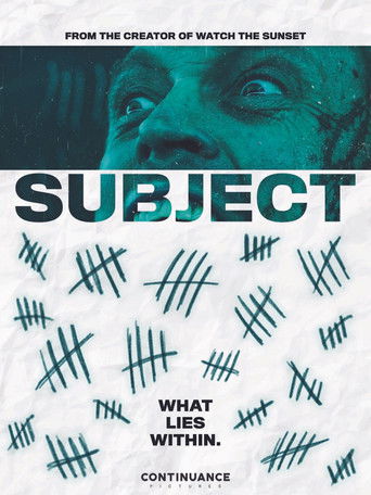 The poster features a close-up of a person's face, partially obscured by a green tint, evoking mystery and intrigue. The word "SUBJECT" dominates the center in bold, white letters, surrounded by scattered, abstract symbols that add to the unsettling atmosphere. The overall design suggests a thril...