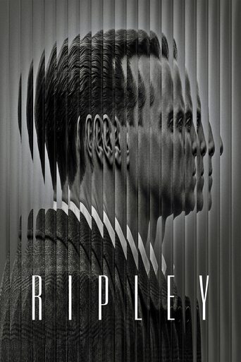 The poster features a monochromatic portrait of a man with a fragmented, layered face, evoking mystery and intrigue. The bold, sans-serif text "RIPLEY" anchors the composition, suggesting a powerful narrative. The vertical stripes add depth and texture, enhancing the dramatic and suspenseful atmo...
