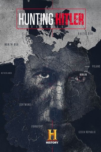 The poster features a hauntingly detailed map of Europe with a close-up of a man's face, evoking a somber and mysterious mood. The title "Hunting Hitler" is prominently displayed in bold red letters, while the word "HISTORY" appears in smaller text at the bottom. The overall design uses muted ton...