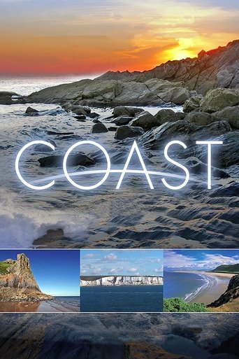 This TV show poster for "Coast" captures a serene coastal sunset with warm orange and purple hues reflecting on rocky shores. The title "Coast" glows in white neon against the natural backdrop, evoking a calm and inviting mood.