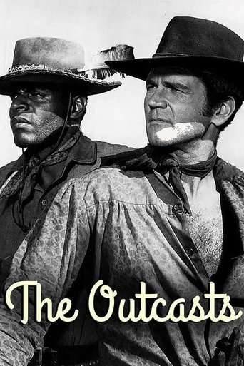 This vintage Western poster features two rugged cowboys in black-and-white, exuding a gritty, noir atmosphere. The sepia tones and sepia lettering evoke a classic 1950s film aesthetic, capturing the raw emotion and drama of the Outcasts.