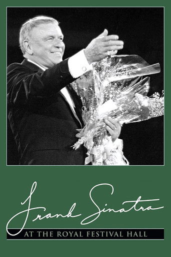 This black-and-white poster captures Sinatra in a moment of joy, holding a bouquet of flowers while gesturing with his hand. The dark background contrasts with the vibrant green border, emphasizing the celebratory mood. The elegant script and formal attire reflect the prestigious Royal Festival H...