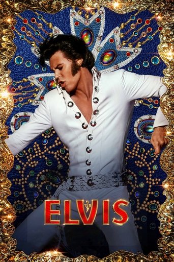 Elvis is captured in a dynamic pose against a vibrant, colorful background featuring intricate patterns and glowing lights. The poster exudes an energetic and celebratory mood, emphasizing his iconic style and charisma.
