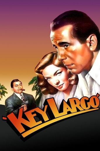 This movie poster features a dramatic scene with a man and woman in the foreground, set against a sunset backdrop. The title "Key Largo" is prominently displayed in bold, stylized letters. The overall mood is mysterious and adventurous, capturing the essence of classic cinema.