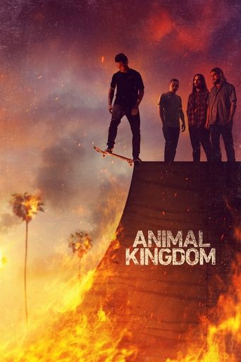 The poster depicts four characters standing atop a fiery ramp, silhouetted against a dramatic sunset sky. Flames engulf the foreground, while the title "Animal Kingdom" glows in bold white letters. The scene conveys a sense of danger and adventure, with the intense colors and dynamic composition ...