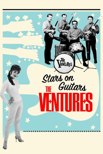 The vintage poster features a black-and-white illustration of four musicians playing guitars, set against a light blue sky with clouds. A woman in a white outfit stands on the left, adding a sense of nostalgia and charm. The bold red title "The Ventures: Stars on Guitars" stands out, evoking a cl...
