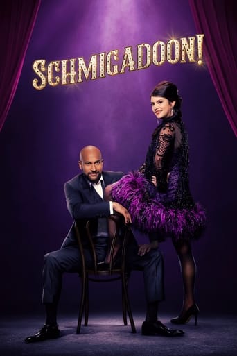 This TV show poster for "Schmigadoon!" features a glamorous black woman in a purple dress and a man in a suit sitting on a chair, both exuding elegance against a dramatic purple backdrop. The poster's bold, golden title and theatrical lighting create an exciting, high-energy atmosphere.