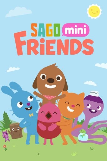 This vibrant poster features five colorful anthropomorphic animals—blue, brown, pink, orange, and purple—standing together on a sunny day. The playful, cheerful atmosphere is enhanced by bright colors and whimsical expressions, capturing the fun and friendly spirit of the show.