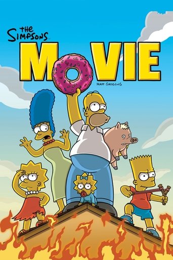 The Simpsons Movie poster features Homer Simpson standing atop a burning roof, surrounded by his beloved family members—Lisa, Bart, and Marge—holding donuts and guns. The vibrant colors and cartoonish style evoke a playful yet dramatic mood, capturing the essence of the beloved animated series.