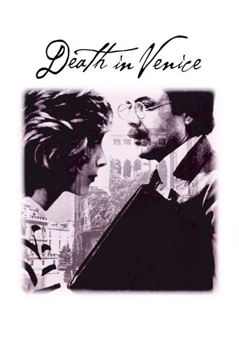 The poster features a black-and-white image of two men in conversation, with one looking intently at the other. The title "Death in Venice" is elegantly written at the top in cursive script. The mood is mysterious and dramatic, evoking the classic noir aesthetic of the film.