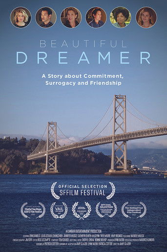 The poster features six round portraits of diverse individuals at the top, set against a serene backdrop of the Golden Gate Bridge. The film's title, "Beautiful Dreamer," is prominently displayed in elegant typography. The overall composition exudes a sense of hope and connection, with a calming ...