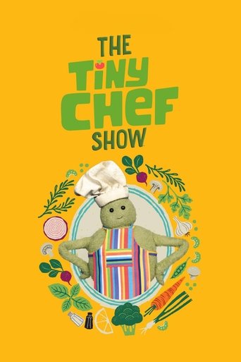 The vibrant yellow background features a cheerful green chef character in striped aprons, surrounded by colorful ingredients like carrots, tomatoes, and herbs. The playful illustration exudes a fun, inviting mood perfect for cooking shows.