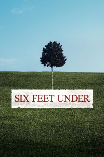 This TV show poster for "Six Feet Under" features a lone tree standing on a grassy hill under a clear blue sky, evoking a sense of isolation and introspection. The sign reading "Six Feet Under" in bold red letters adds a dramatic touch, suggesting the show's focus on deep emotional struggles. The...