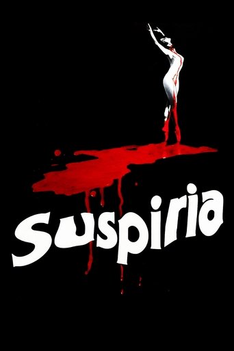 A chilling horror poster featuring a pale woman standing atop a dripping red blood puddle, with the title "Suspiria" in bold white letters against a stark black background. The eerie atmosphere and unsettling imagery evoke a sense of dread and suspense.
