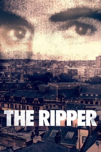 The poster features a surreal, dreamlike cityscape with a gritty, sepia-toned atmosphere. Large, ghostly eyes dominate the sky, creating a mysterious and unsettling mood. The title "THE RIPPER" is boldly displayed in white against the dark, urban backdrop, evoking a sense of mystery and intrigue.