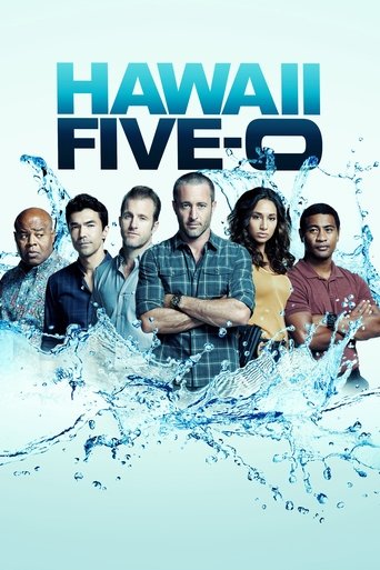 The poster features seven characters standing amidst a dynamic splash of blue water, symbolizing their adventurous journey. The cool tones of the image evoke a sense of mystery and action, while the bold title "HAWAII FIVE-0" in large, stylized letters captures the show's thrilling essence.