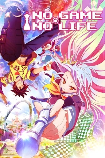 The poster features vibrant, colorful anime characters in dynamic poses against a bright, dreamy background. The title "No Game No Life" is prominently displayed at the top in bold, stylized lettering. The overall mood is energetic and whimsical, capturing the essence of the show's unique blend o...