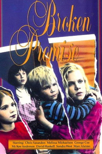 This movie poster features four children in a warm, nostalgic scene, with vibrant colors like orange and purple creating a cozy atmosphere. The title "Broken Promise" is elegantly written in cursive, suggesting themes of longing and regret.