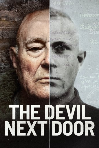 The poster features a split face: the left side shows an elderly man with weathered skin and a somber expression, while the right side displays a younger man with a more intense, almost demonic look. The background is dark with faint, ghostly text resembling cryptic messages. The title "THE DEVIL...