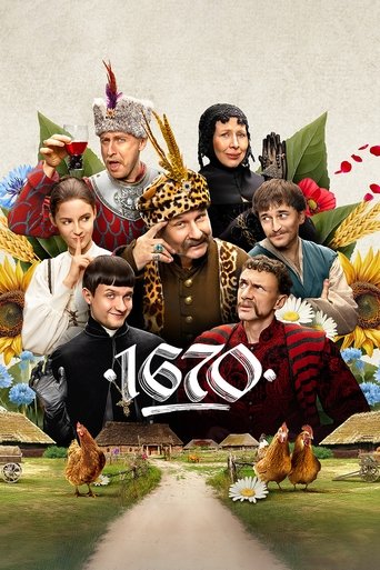 This poster features a vibrant collage of seven characters from the TV show "1670," each with unique attire and expressions. The warm, earthy tones of the background contrast with the colorful clothing of the characters, creating a lively atmosphere. The title "1670" is prominently displayed in b...