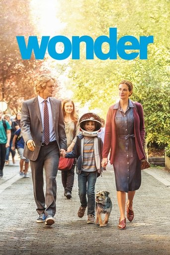 The poster features a family walking along a sunlit park path, with the title "Wonder" prominently displayed in bold blue letters. The warm sunlight filters through the trees, casting a golden glow on the scene. The family, dressed in casual attire, exudes a sense of joy and adventure. The overal...