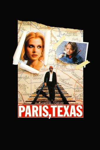 The poster features a woman with blonde hair and a man in a suit standing on a staircase, with a woman in a blue top peeking out from behind. The background is a map of Paris, Texas, with the title "PARIS, TEXAS" prominently displayed in bold red letters. The overall mood is mysterious and intrig...