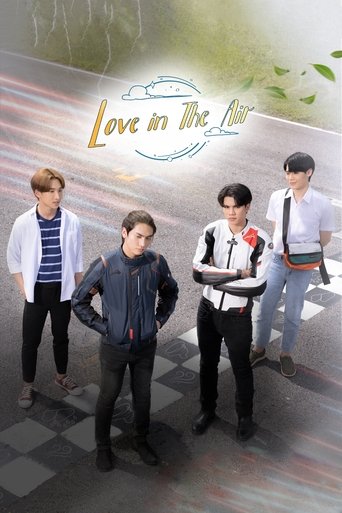 The poster features four young men in casual attire against a soft, dreamy background with greenery and a checkered floor. The title "Love in the Air" is elegantly displayed in a whimsical font, suggesting a romantic and youthful theme. The overall mood is light and inviting, capturing the essenc...