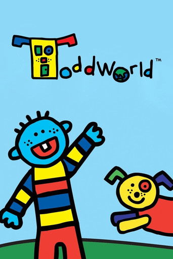 A cheerful cartoon poster featuring a blue boy with spiky hair and a striped shirt waving, alongside a yellow boy with a red shirt, set against a bright blue sky with a colorful toy house in the background. The playful and inviting mood suggests a fun, family-friendly animated show.