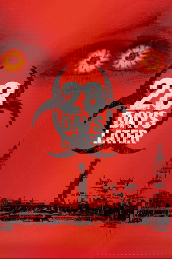 The poster features a red background with two large, glowing eyes at the top, creating an eerie atmosphere. In the center, a silhouette of a person stands before a biohazard symbol, while a distant cityscape with a clock tower hints at a dystopian setting. The overall mood is suspenseful and omin...