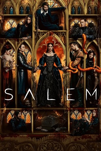 The poster features a gothic cathedral backdrop with intricate stone arches and stained glass. A central figure in a black dress stands prominently, flanked by dramatic figures in period attire. The color palette is dark with warm accents of red and gold, evoking a mysterious and eerie atmosphere...