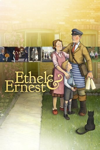 The poster features a warm, golden-yellow background with a couple standing on a grassy path. The man wears a brown coat and hat, while the woman dons a pink dress and holds a child. The title "Ethel & Ernest" is elegantly displayed in gold lettering. The overall mood is nostalgic and charming, e...