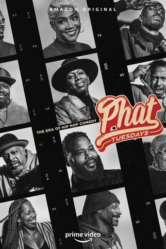 The poster features a collage of black-and-white portraits of hip hop artists, exuding a nostalgic and humorous vibe. The red "Phat Tuesdays" logo stands out against the monochrome background, emphasizing the show's comedic spirit. The overall mood is playful and celebratory, capturing the essenc...