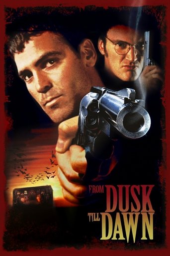 The poster features a gritty, dramatic scene with two men in the foreground, one holding a revolver while the other looks menacingly behind him. The dark red and black background enhances the ominous mood, with the title "From Dusk Till Dawn" prominently displayed in bold, distressed typography.