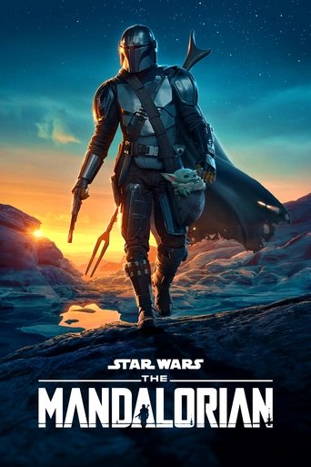 The Mandalorian poster features a lone figure in Mandalorian armor standing against a starry, twilight sky. The warm sunset hues blend with deep blues and purples, creating a dramatic, epic atmosphere. The bold title "Star Wars: The Mandalorian" anchors the image, emphasizing its space opera theme.