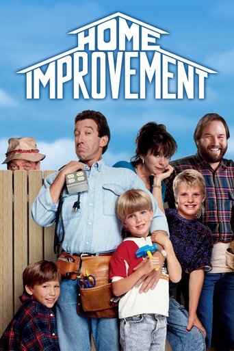 The poster features a cheerful family of six standing proudly against a bright blue sky, with a wooden fence in the background. The warm, inviting colors and joyful expressions convey a sense of happiness and accomplishment, perfectly capturing the show's theme of home improvement and family succ...