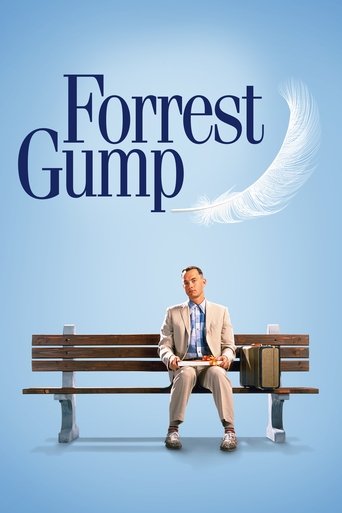 The poster features a man in a beige suit sitting on a wooden bench against a soft blue background, evoking a sense of calm and nostalgia. The title "Forrest Gump" is prominently displayed in elegant typography, with a feather symbolizing the story's themes of freedom and dreams. The overall comp...
