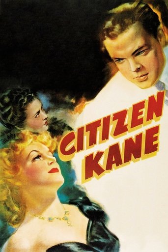This vintage movie poster features a dramatic scene with a woman in a glamorous dress and a man in a white suit, both looking upward with intense expressions. The bold red text "CITIZEN KANE" dominates the center, set against a dark background that enhances the film's mysterious and dramatic mood.